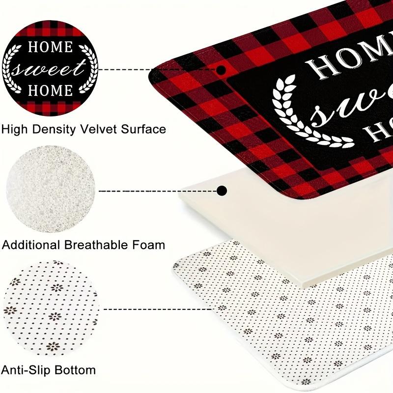 Red Plaid Kitchen Mat, European Style Flannel Non-Slip Soft Rug with Sponge for Kitchen Bathroom Floor Decor