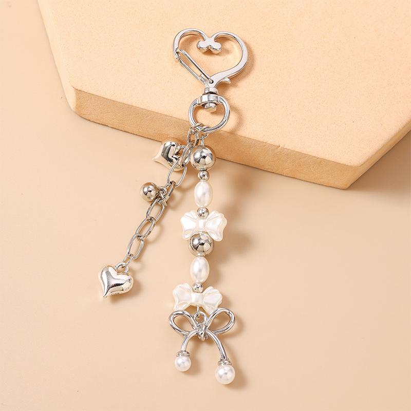 Cute Bowknot Love Heart Keychain Pearl Key Ring Pendants For Women Girls Handbag Decor Diy Handmade Key Chain Gifts