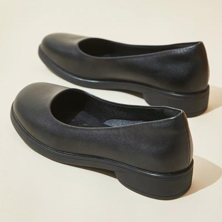 Shoes Black Round Head Low Heel Thick Sole Professional Shallow Mouth Leather Shoes Flat Sole Comfortable Single Shoes