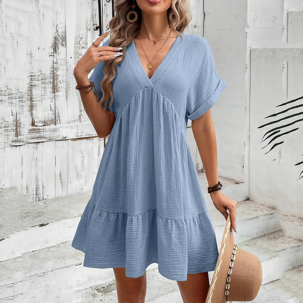 Women's Fashion Loose Flowy V-Neck Short-Sleeve Dress
