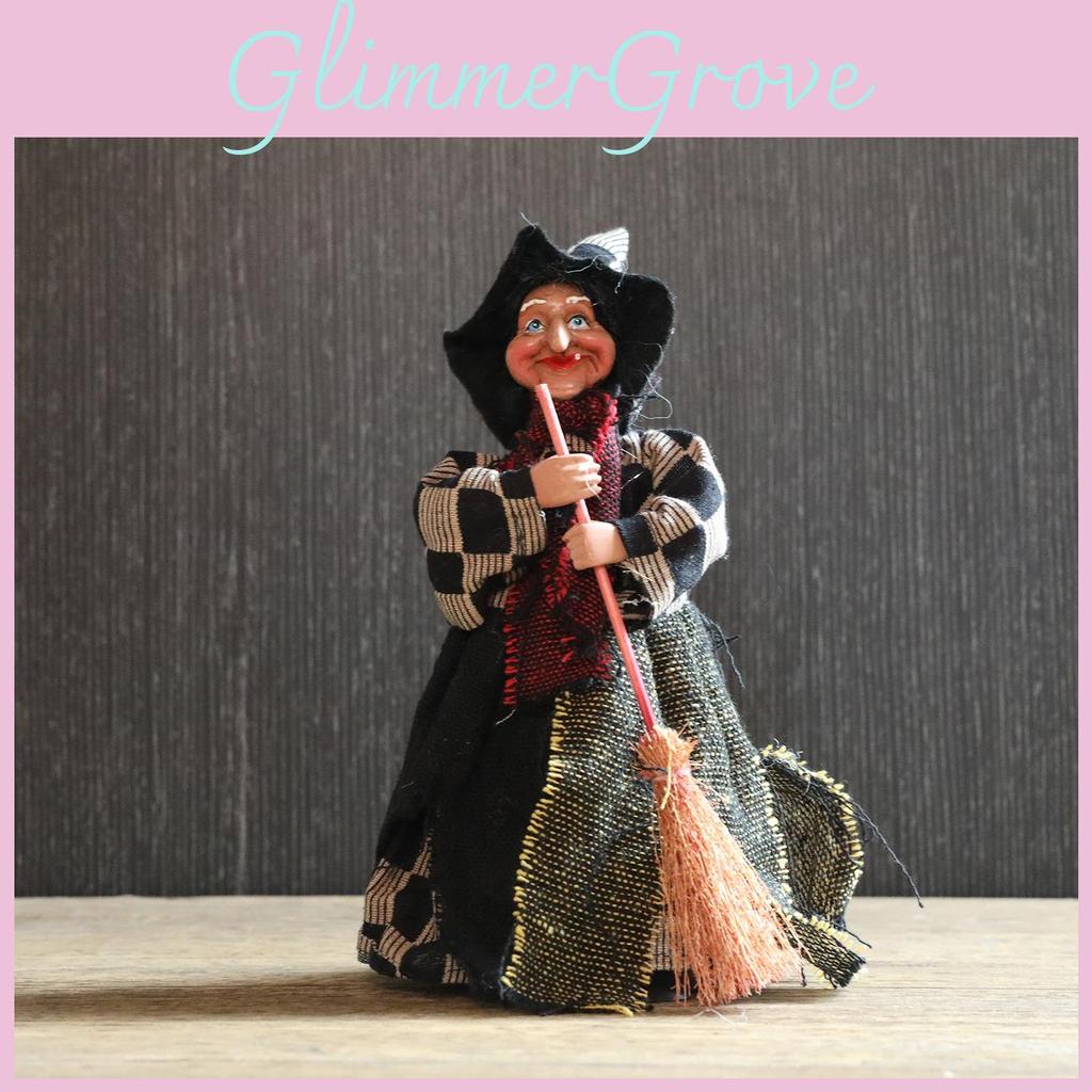 Halloween Witch Figurine With Broom Plush Decor For Spooky Room Atmosphere