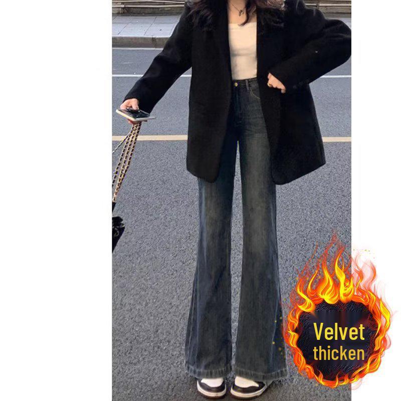 

Джинсы-клеш микроклеш с высокой талией ретро синего цвета для миниатюрных женщин - стройнящие прямые брюки, универсальные весенние брюки-швабры. M синий