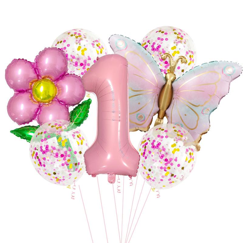1set Pink Butterfly Flower Transparent Sequin Balloon 32inch Number 1-9 Set Birthday Party Baby Shower Wedding Decoration
