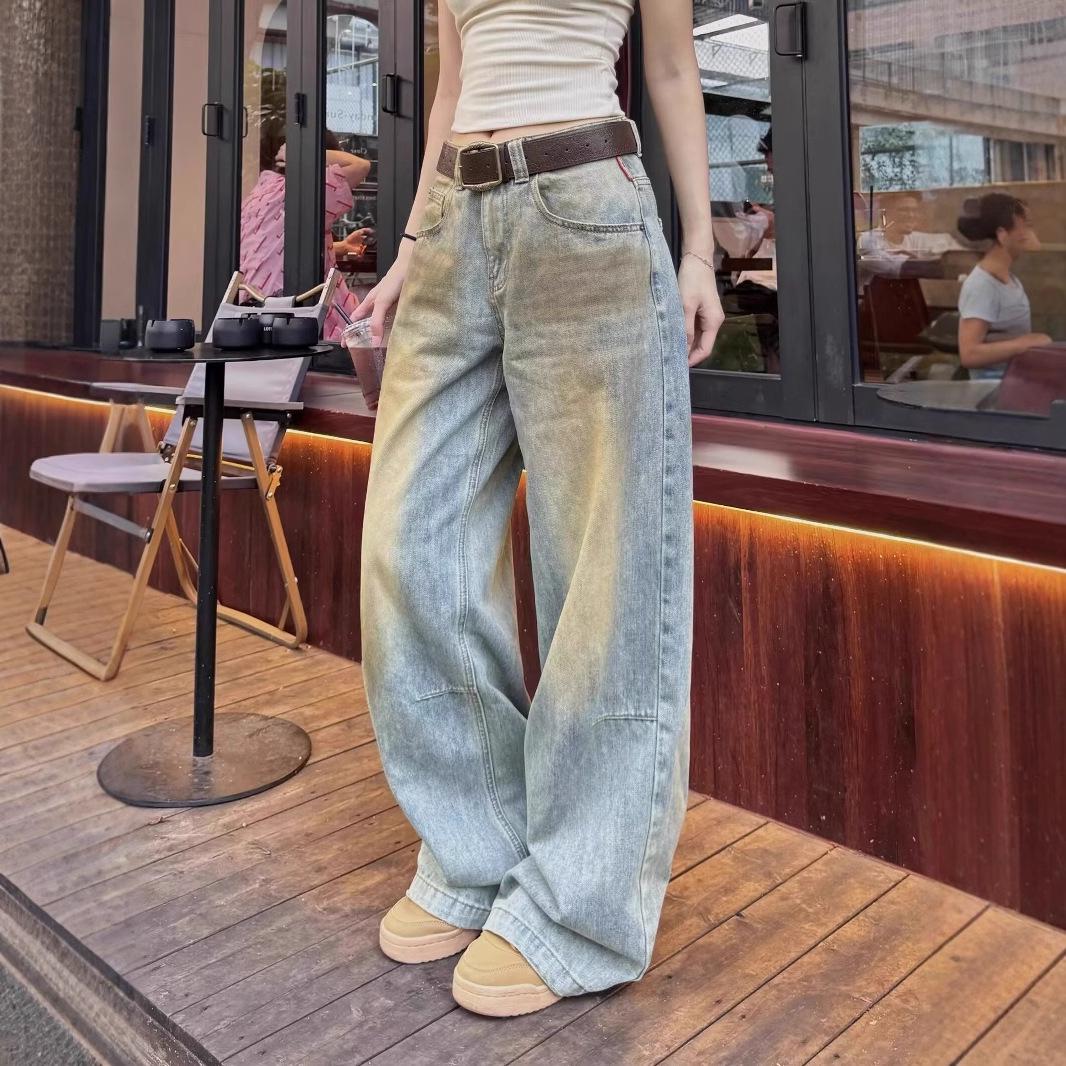 

Трендовые американские джинсы с эффектом потертости и выварки 2025 для мужчин и женщин - Свободные, повседневные брюки прямого кроя для пары M: Height 155-165CM (95-108 lbs)