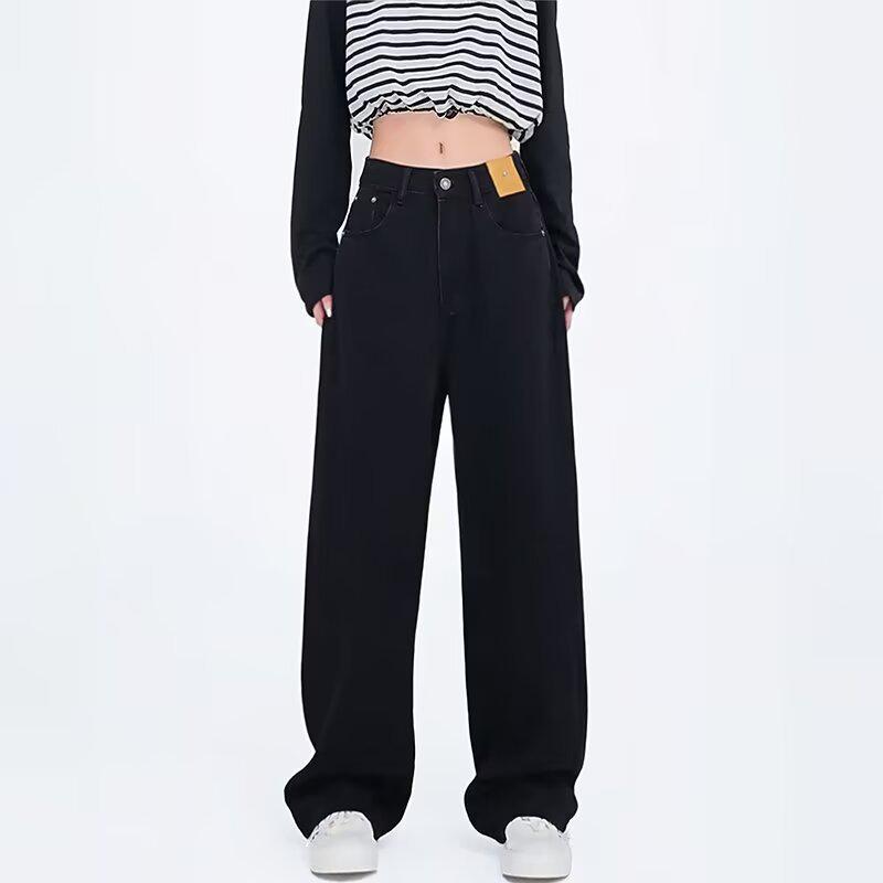 Women's Plus Size High-Waisted Fleece-Lined Black Wide-Leg Jeans - Slimming, Loose-Fit for Pear Shape, Autumn/Winter Wear