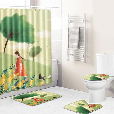 Fashion Textured Bathroom Shower Curtain Floor Mat Toilet Cover Foot Mat Four-Piece Set