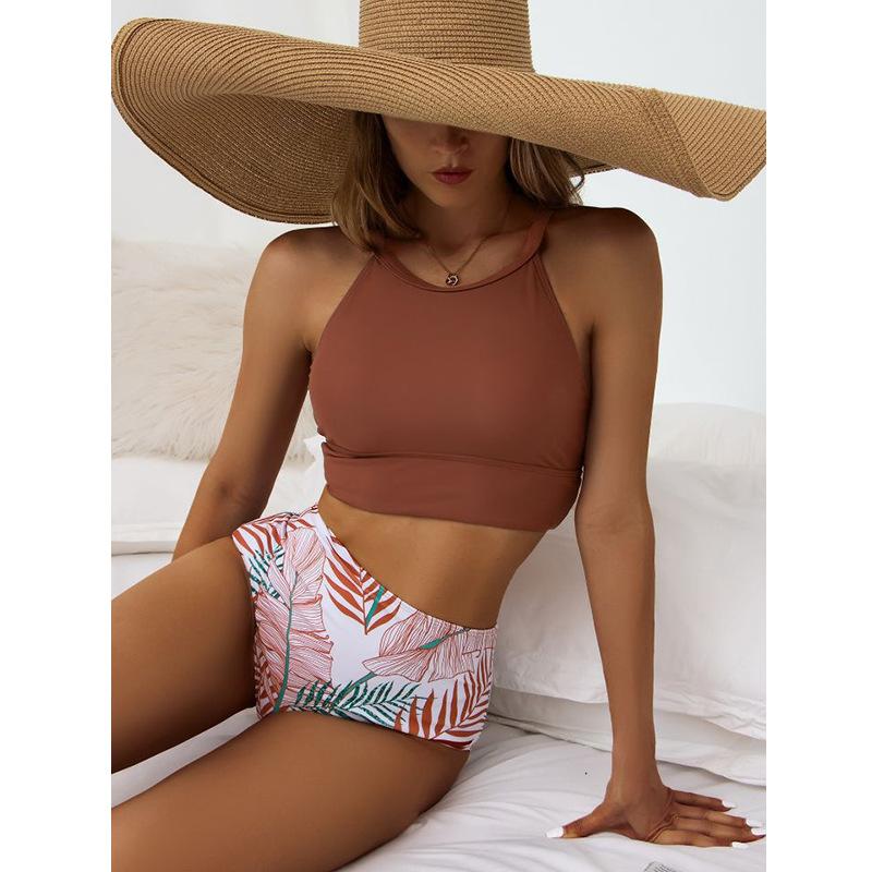 New split swimsuit women's solid color vest-style bra high waist printed briefs hip-wrapped swimsuit