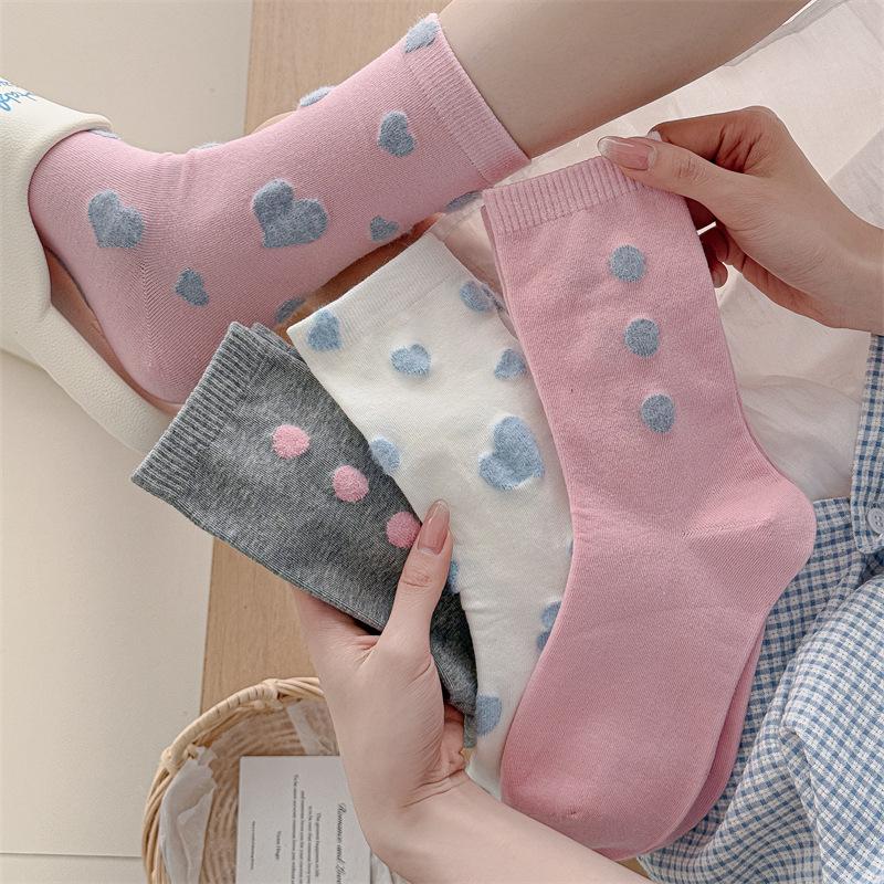 Ladies' Mid-calf Socks for Spring and Summer Are Sweat-absorbing, Flocked, Heart-shaped Polka Dot Socks with A Cute Color Contrast and A School Style