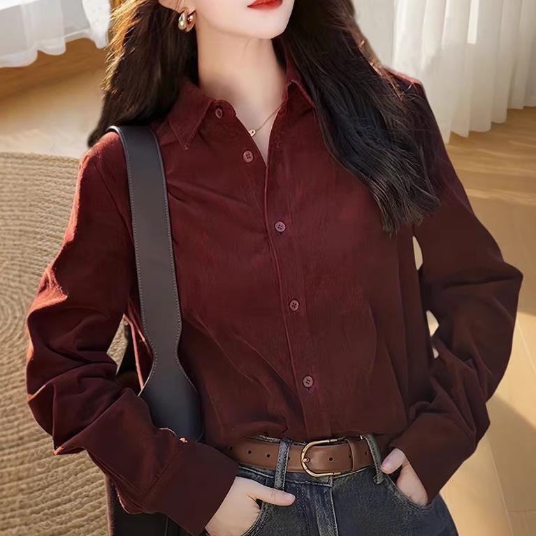 Women's Retro Corduroy Loose Long-Sleeve Shirt - Casual, Versatile, Meat-Concealing 