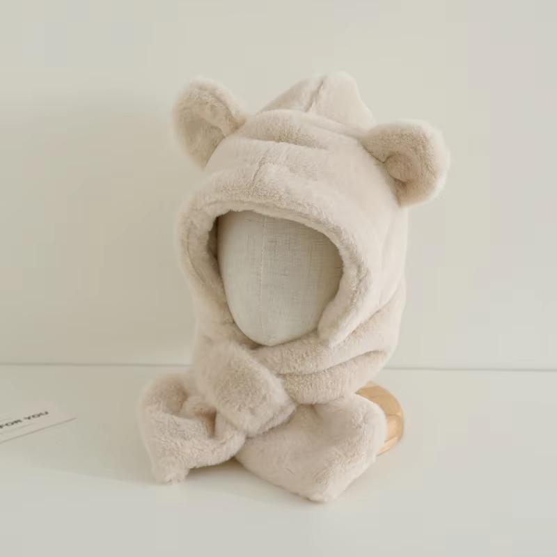 Cartoon One Piece Baby Plush Hat Scarf Winter Warm Ear Protection Cap Scarves for Kids Boy Girl Cute Bear Beanies Cap