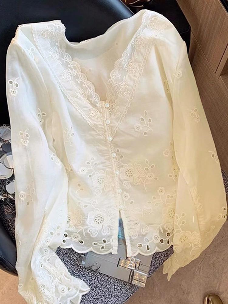 Women s Elegant V-Neck Lace Trim Long Sleeve Shirt Large абрикосовый