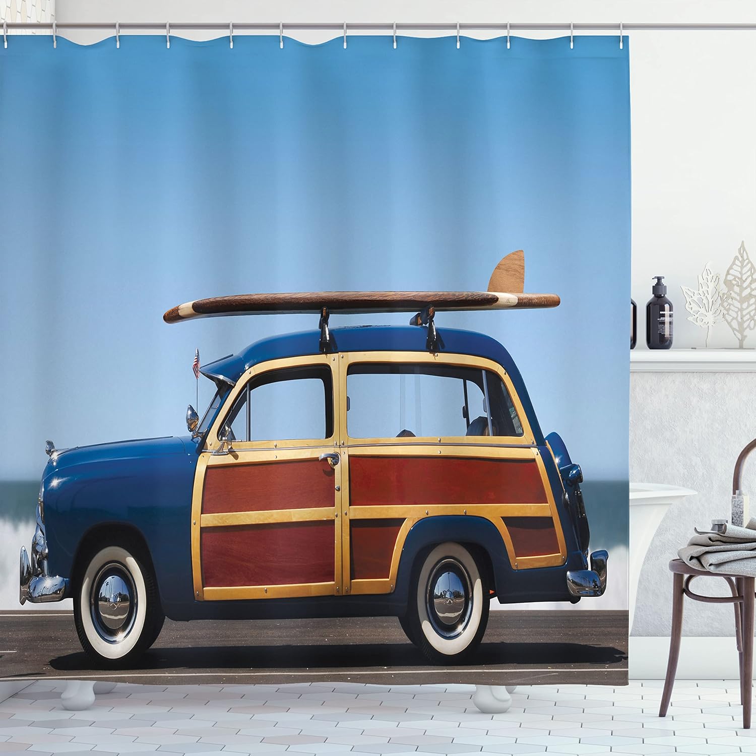 

Retro Woodie Car Shower Curtain Surfboard on Roof Vintage Beach Vehicle Blue Redwood Design with Hooks 90x180cm35x71in