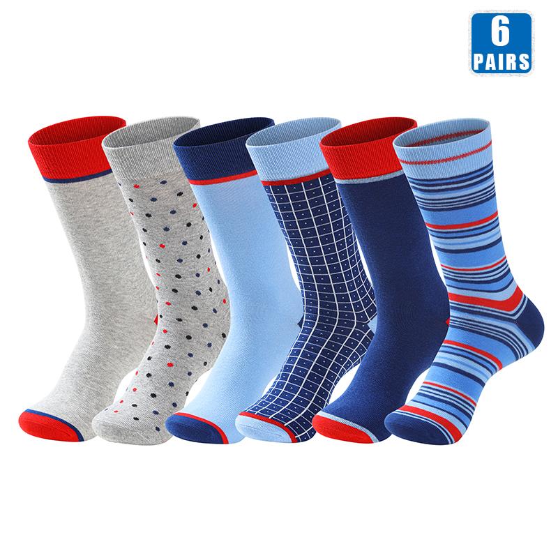 6 Pairs Men Dress Socks High Quality Cotton Business Casual Soft Brand Fashion Design Blue Dots Pattern Plus Size Long Male Sock