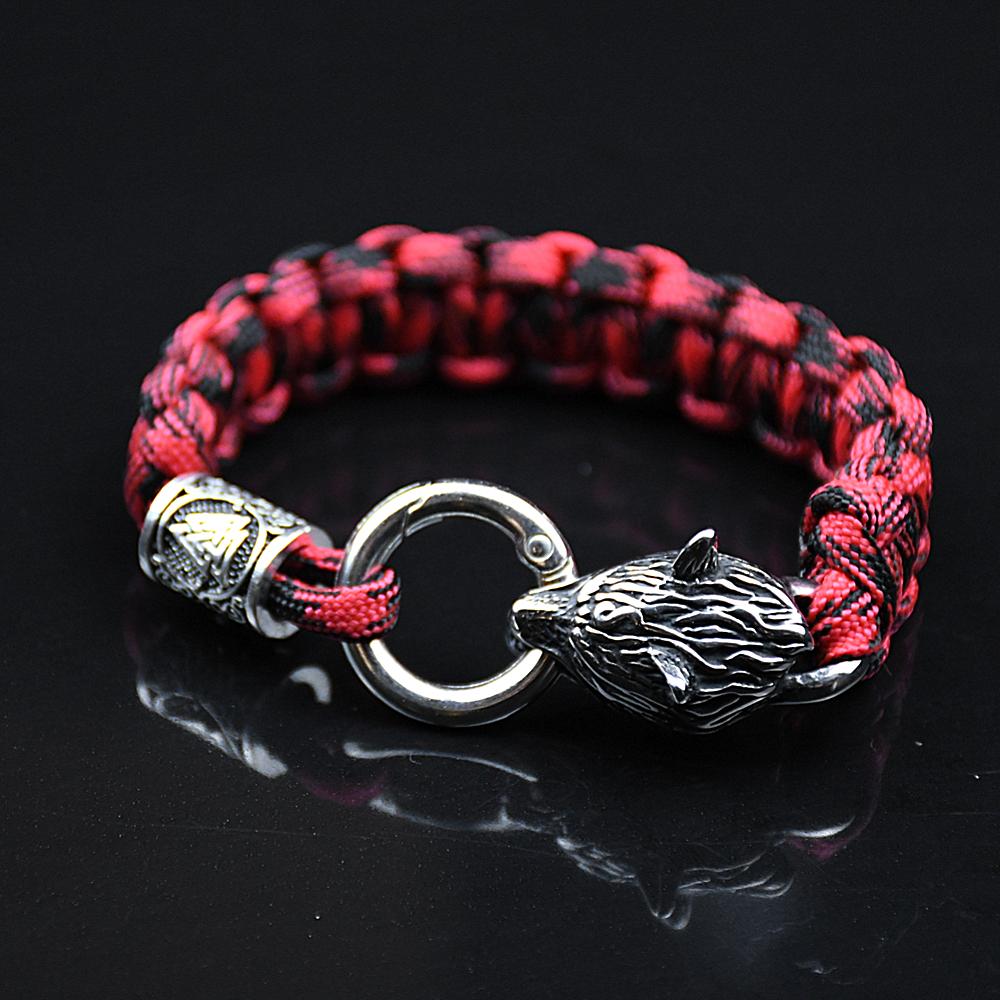 Stainless Steel Wolf Bracelets Men Norse Vikings Runes Paracord Rope Bangle Jewelry for Men