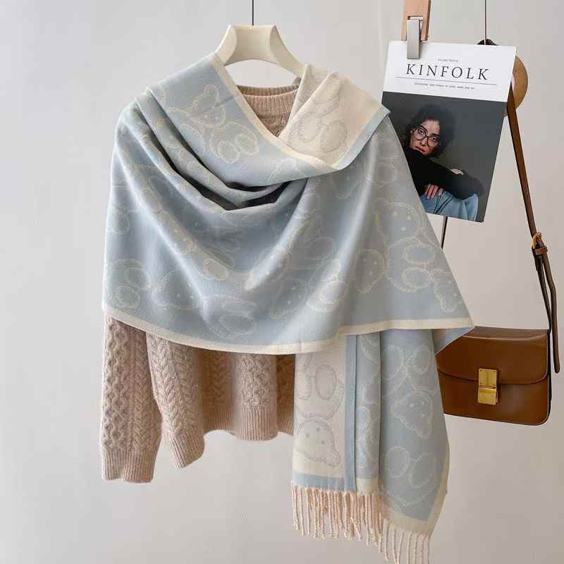 Women's Cute Bear Printed Faux Cashmere Scarf with Tassel Korean Style Versatile Warm Shawl for Winter