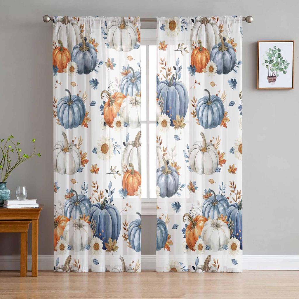 Thanksgiving Pumpkin Maple Leaf Sheer Drapes for Living Room Decoration Window Curtain Kitchen Curtain Panels