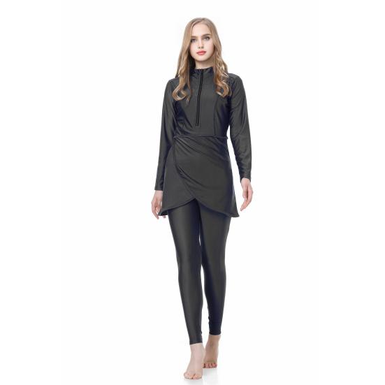 Conjunto de 3 Peças/Conjunto Feminino Maiô Dividido Saia Frontal Fechamento Seguro com Zíper Proteção UV Tops Calças Compridas para Natação Conjunto com Lenço de Cabeça