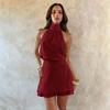 European and American Women Neck Bow Halter Waist Double-layer Skirt Sleeveless Dress Banquet Commuter Wear