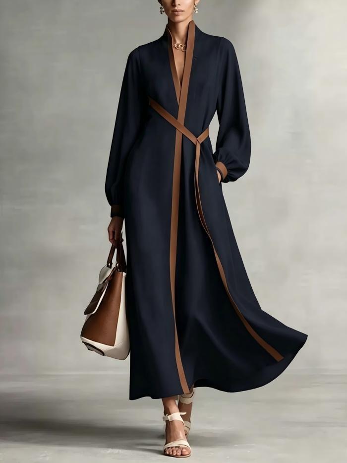 2026 New European and American Stand-up Collar Long-sleeved Casual Contrasting Color Loose Split Dress