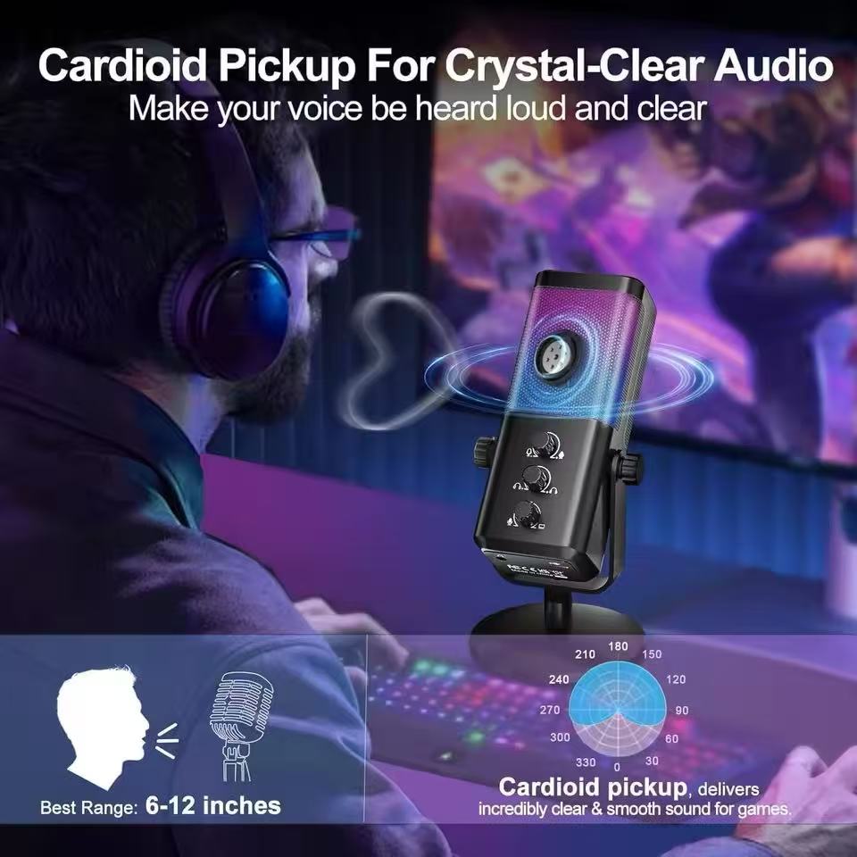 USB Spiele Mikrofon mit Spiel-Chat-Balance, RGB Kondensatormikrofon mit Hall/Rauschunterdrückung/Monitoring-Mikrofon, für Streaming
