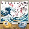 Japanese Wave and Cherry Blossom Wall Tapestry Traditional Art Print Blue Ocean and Red Flowers Design Boho Home Decor Fashion