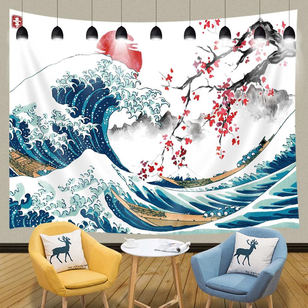Japanese Wave and Cherry Blossom Wall Tapestry Traditional Art Print Blue Ocean and Red Flowers Design Boho Home Decor Fashion