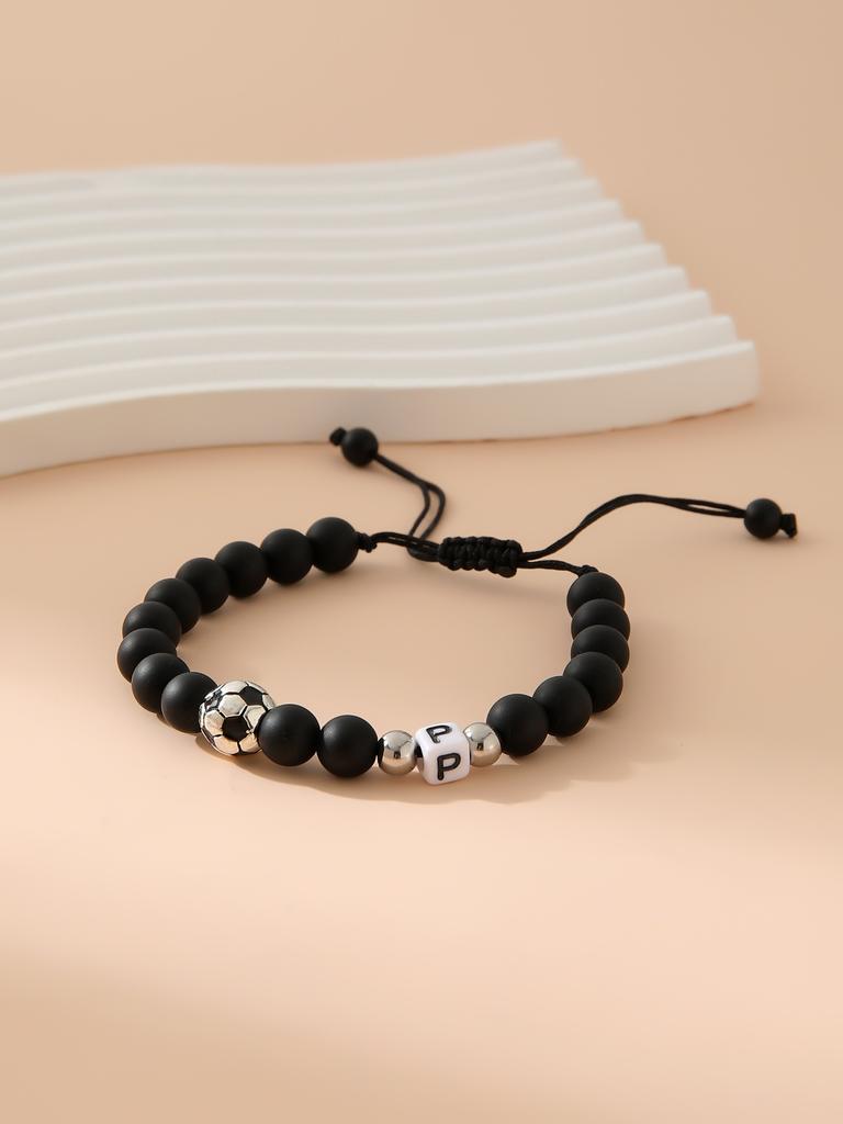 Mattschwarzes Fußball-Alphabet Verstellbares Perlenarmband Unisex Sport-Armband Schmuck