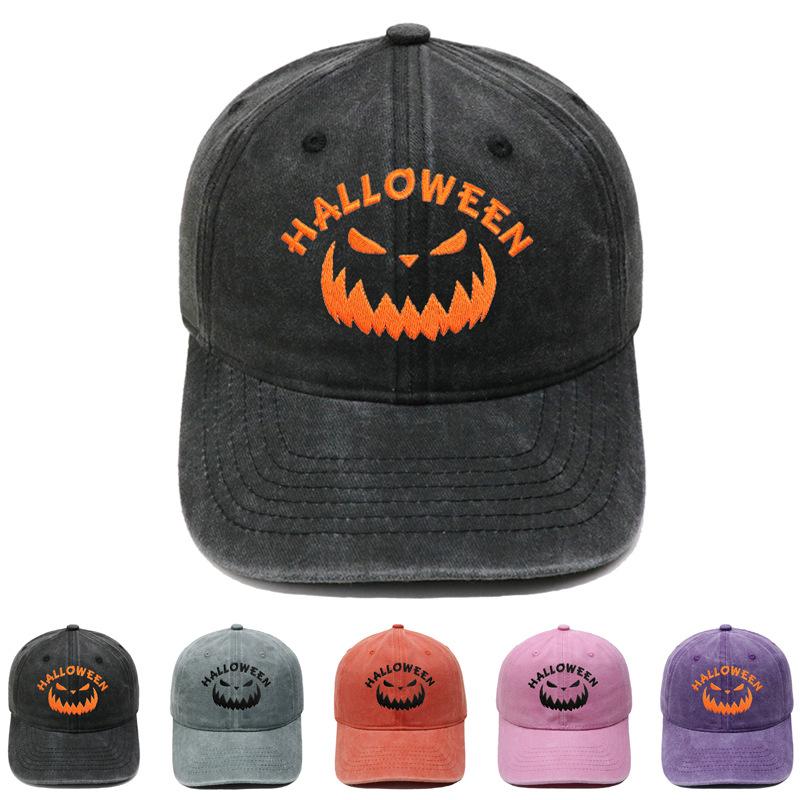 Halloween Pumpkin Grimace Embroidered Baseball Cap Washed Retro European and American Hip Hop Men's and Women's Casual Dad Hat