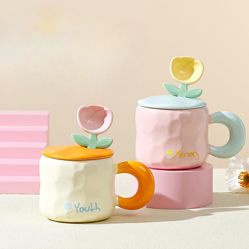 Underglaze Ribbon Cover Flower Spoon Ceramic Cup Mid Autumn Festival Business Gift Cup High Looking Macaron Girls Gift