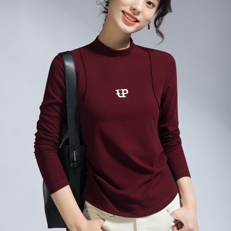 Letter Embroidery Semi-turtleneck Long-sleeved T-shirt Women's Summer New Fishbone Curved Hem Design Waist Top