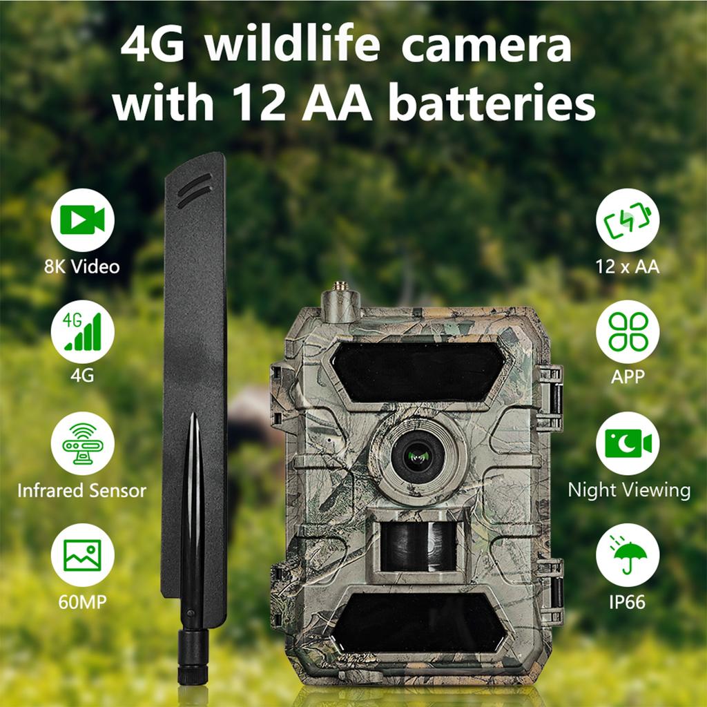 4G Wildlife Camera 8K 60MP IP66 Rainproof Night Viewing Real-time for Home Security