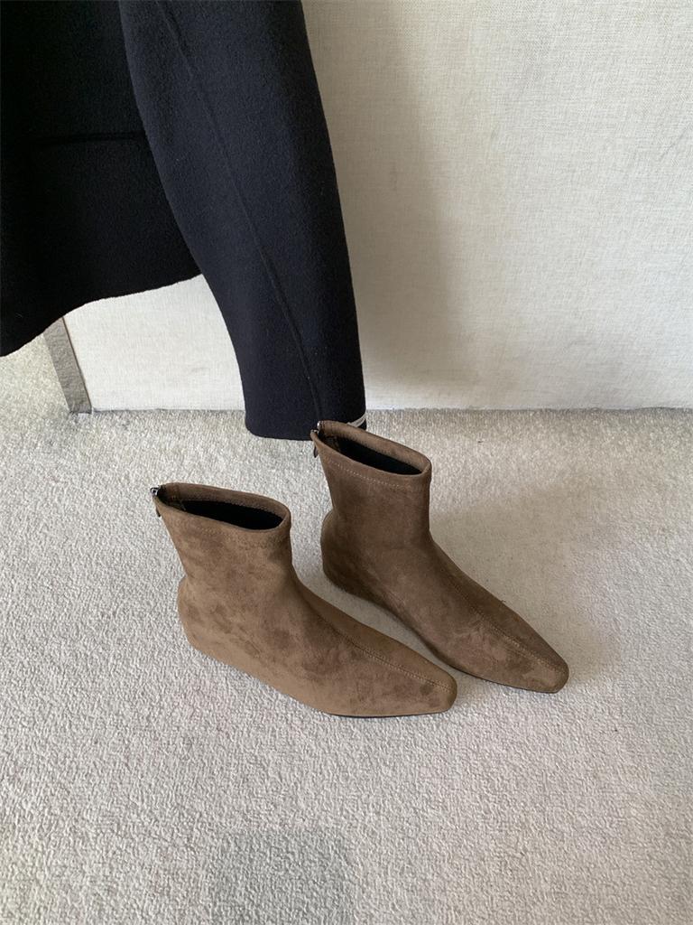 Inner Height-increasing Suede Square Head Short Boots Women's 2025 Autumn and Winter New Temperament Versatile Women's Boots, Wedge Heel Rear Zipper 
