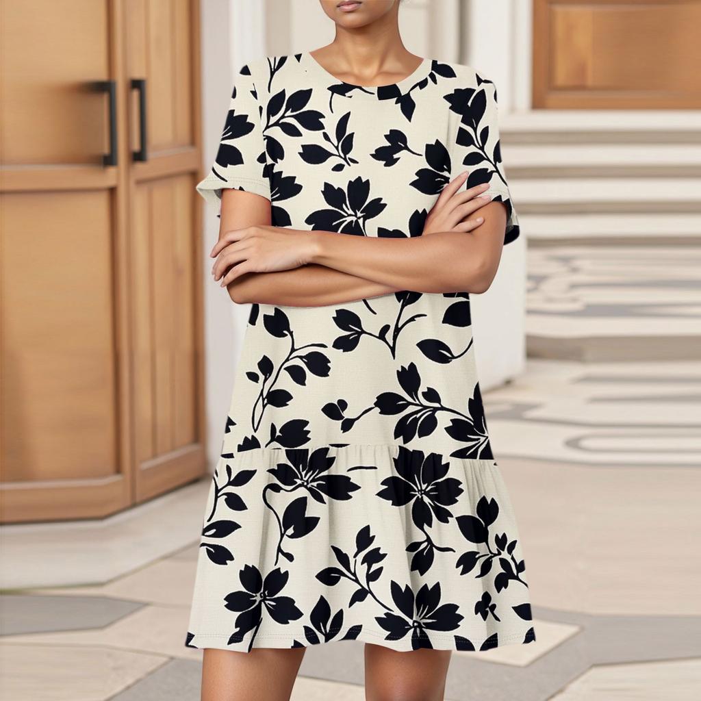 Damenmode Lässig Rundhals Kurzarm Blatt Floral Print Kleid