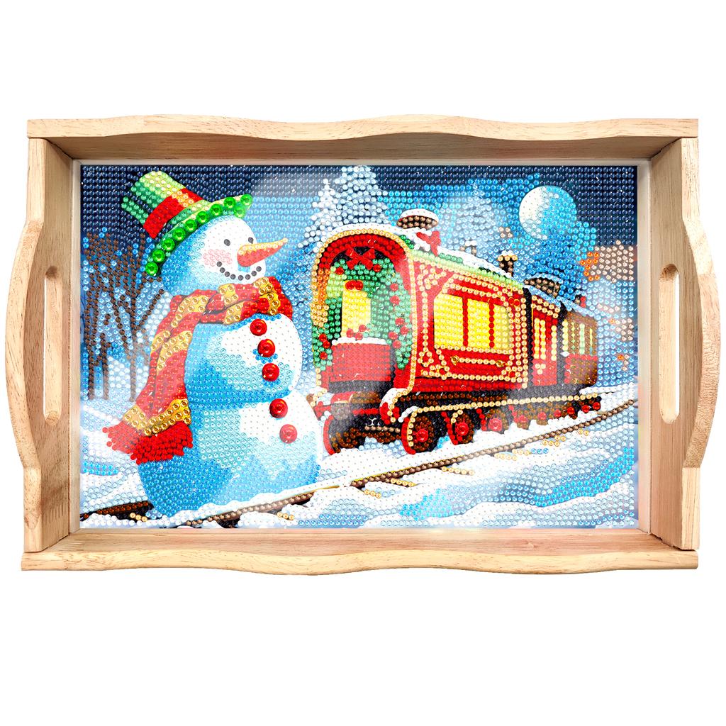 Christmas Diamond Painted Wooden Dining Plate With Side Handles Handmade Tableware Manager Tray For Dish Snack Salad Dessert