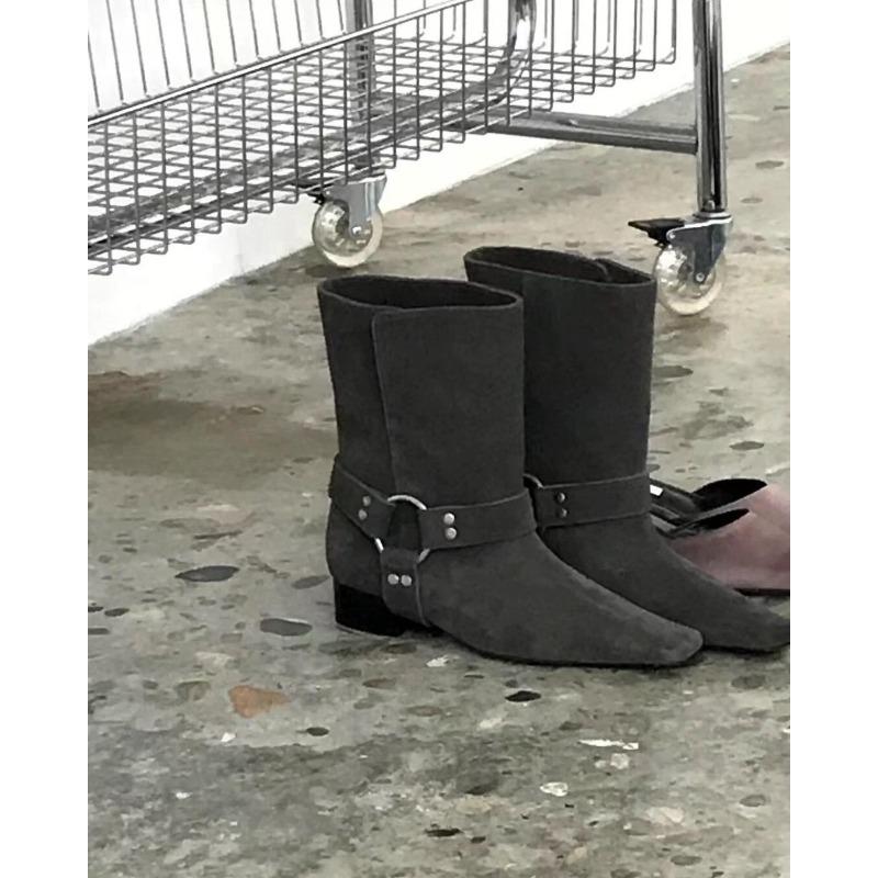 

Sheepskin version~ Retro niche square head belt buckle folded two wear medium boots women s thick heel western cowboy boots short boots 40