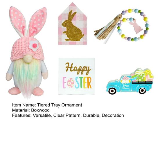 1 Set abgestuftes Tablett-Ornament, bezaubernder Osterhasen-Zwerg und Holzschilder-Set für Heim-Festival-Dekoration