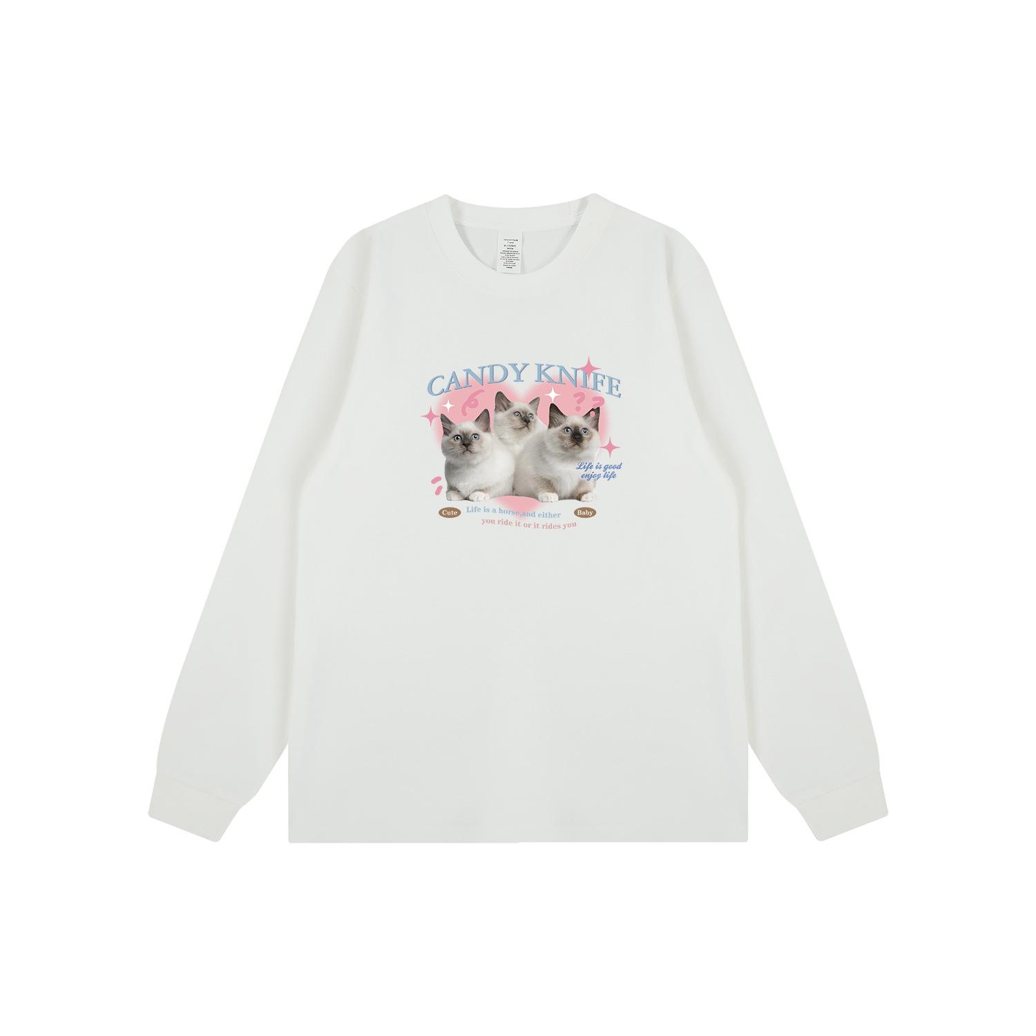 

Ретро Милый Принт Кошки Корейский Стиль Топ с Длинным Рукавом и Манжетами для Осени/Зимы XL белый