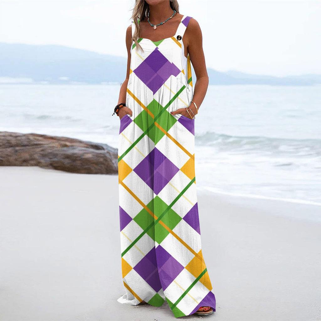 Wide Leg Overalls For Women Casual Loose Sleeveless Print Button Long Pant Romper Jumpsuit With Pockets