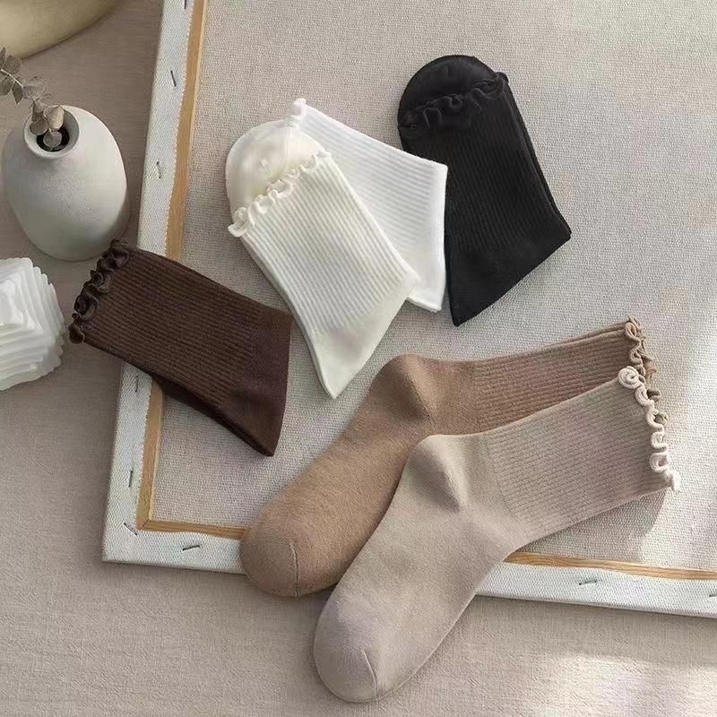 5 Pairs/Lot Ruffled Mid Length Socks Women's Breathable Solid Color Set Spring and Autumn Comfort Sweat-absorbing Girls' Socks