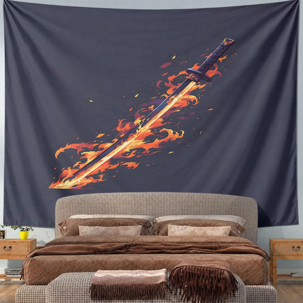 Fiery Katana On Dark Background Pattern Wall Hanging Tapestry Decorative Tapestry Home Decor for Bedroom and Living Room