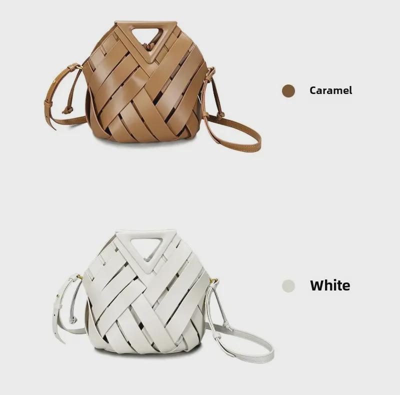 Women's Genuine Leather Woven Shoulder Bag with Magnetic Buckle