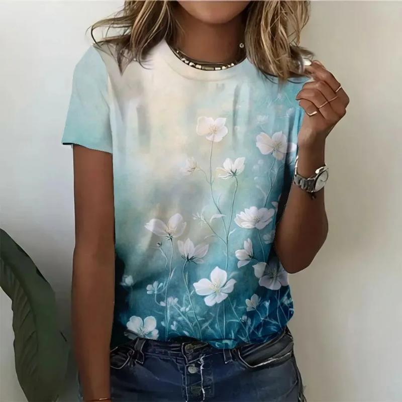3D Flower Color Printed Crew Neck T-Shirt Flower Short Sleeve Fashion Women's Crew Neck Short Sleeve Tops Daily Wear