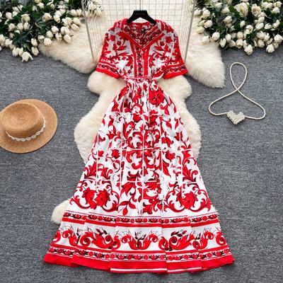 Hoge Kwaliteit Keramische Print Korte Mouw Met Riem Slim Midi Jurk voor Dames Met Ingesneden Kraag Enkele Rij Knopen Shirt Jurk Dames Zomerjurk