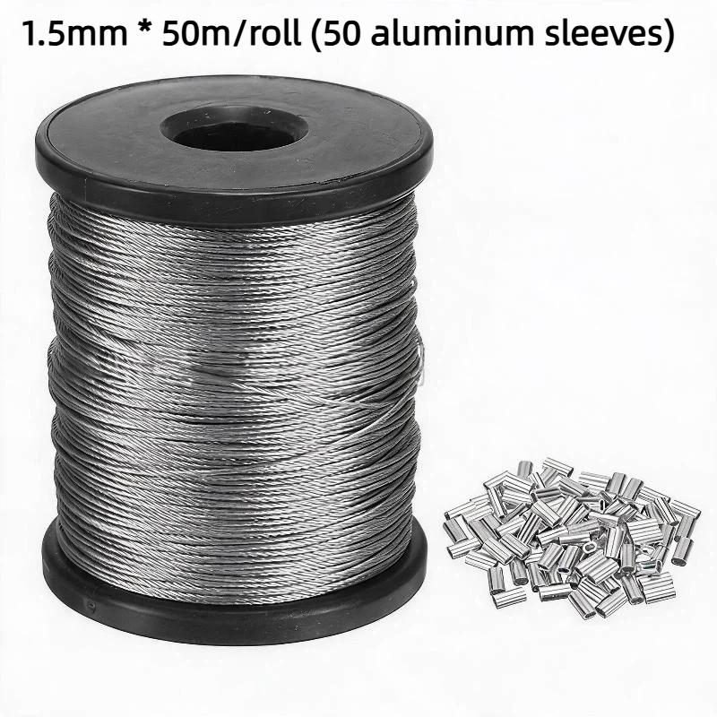 Stainless Steel Wire Rope Cuttable 50m/196ft with 50 Aluminum Crimps for DIY Craft Household Hanging Projects