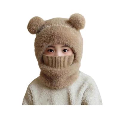 Children Hat with Face Guard Double Plush Ball Decor Solid Color Windproof Ear Protection Baby Hat Woolen Knitted Hat