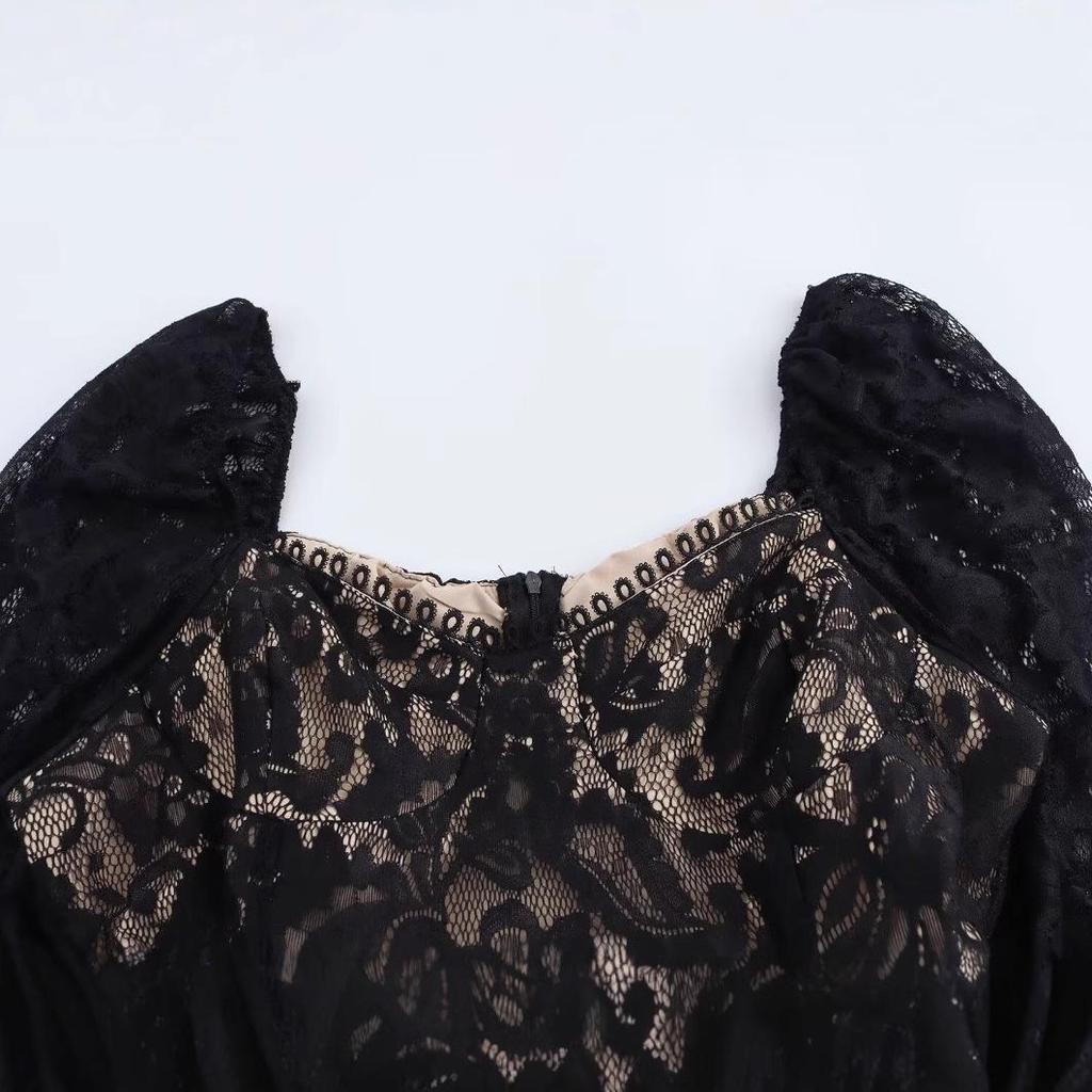 2025 Spring Women's Plus Size Lace Puff Sleeve Dress - Fashionable European & American Style