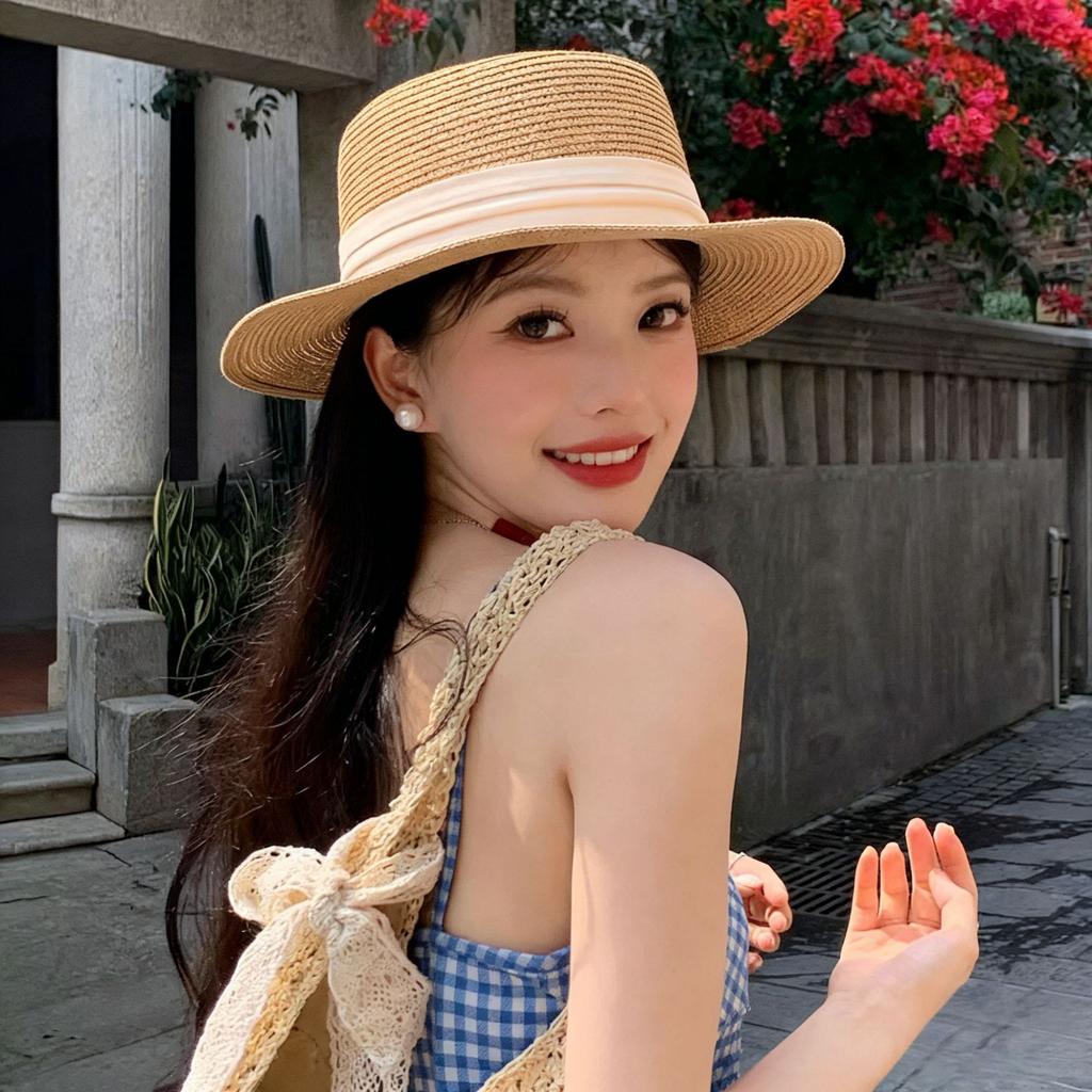 French bucket hat summer visor women's British retro wide-brimmed top hat sun hat vacation beach woven straw hat