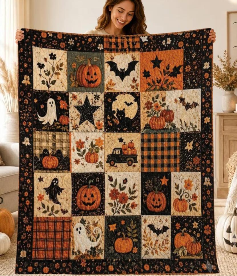 Halloween Quilt Blanket, Pumpkin Ghost Patchwork Throw, Fall Farmhouse Decor Blanket Sofa Home Decoration