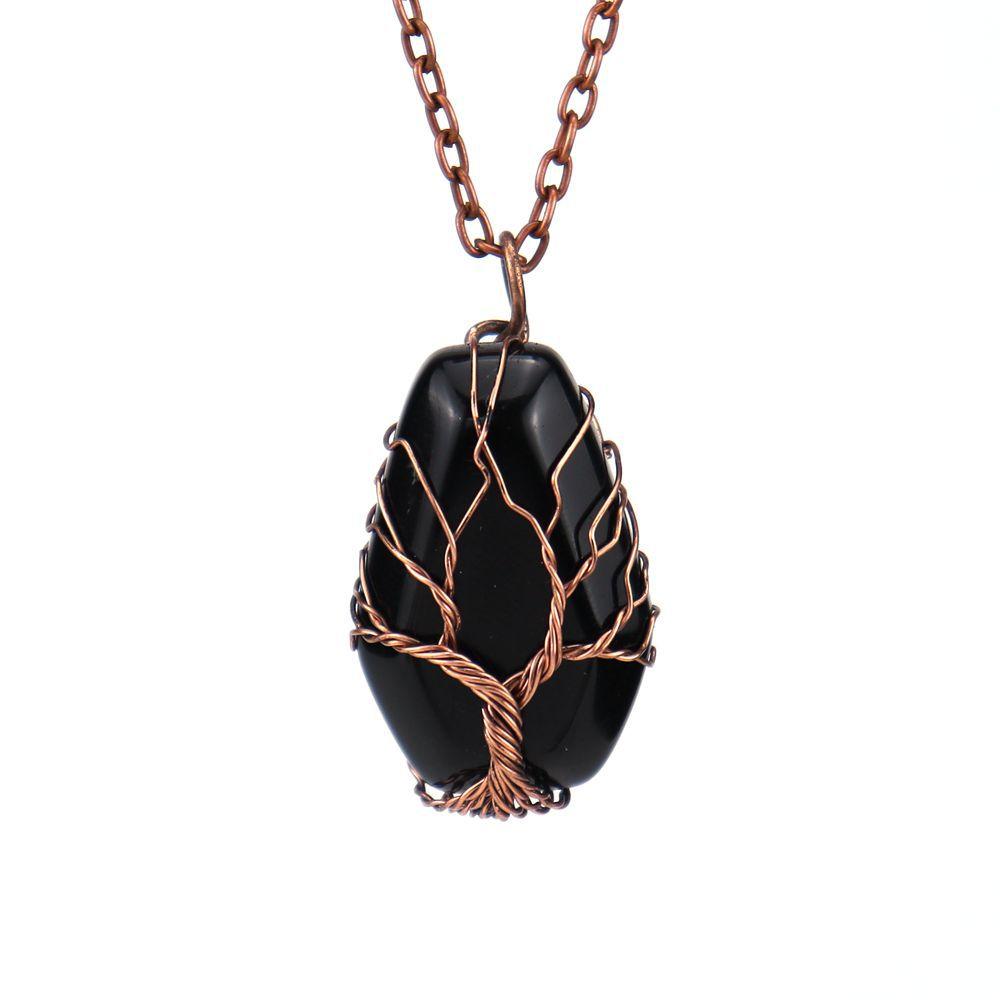 Handmade Ancient Red Copper Wound Tree Of Life Natural Crystal Stone Octahedron Necklace Fortune Tree Necklace N539