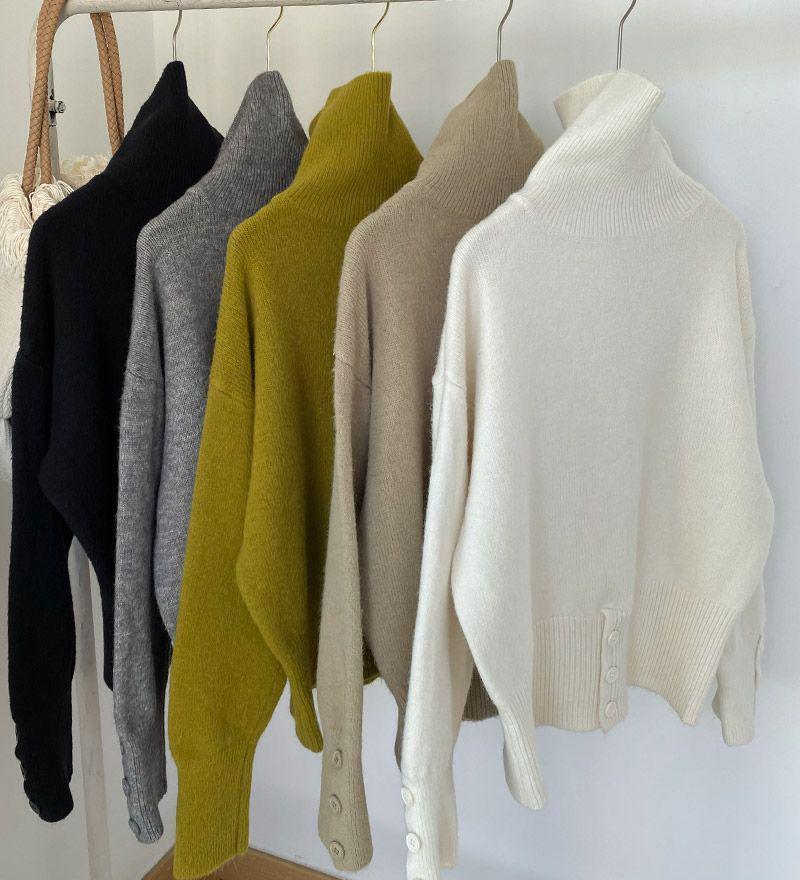 Retro High Neck Button Sweater: Women's Autumn/Winter Solid Color Knit with Slit